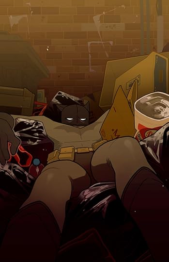 A dark illustration of Batman reclined and sunken into a pile of trash in a back alley. He glowers at the camera, with is bright white eyes, from the dark pile.