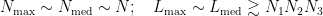 \displaystyle N_{\max} \sim N_{\mathrm{med}} \sim N; \quad L_{\max} \sim L_{\mathrm{med}} \gtrsim N_1 N_2 N_3 