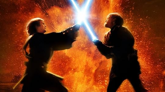 Anakin Skywalker (Hayden Christensen) and Obi-Wan Kenobi (Ewan McGregor) duel on Mustafar in Revenge of the Sith.