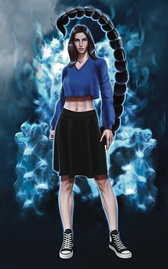 Katy Porter is a brown haired white woman, tall and athletic with strong, long legs, a lean athletic frame, and visible abs. She is wearing black and white converse, a black knee-length skirt, and a knitted blue top that shows her midriff but has long sleeves cuffed at her wrists. She has a long scorpion tail extended over her head, and behind her is a ghostly throne made of screaming phantoms twisted together in the shape of a giant regal chair.