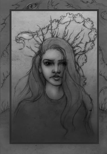 A monochromatic sketch of a young woman with long hair, featuring intricate details and a crown-like design made of organic spiky coral-like shapes behind her head. A faint outline of a scorpion stinger on the end of a tail made of articulated bone is also visible behind her.
