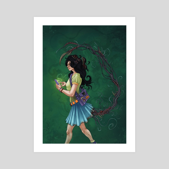 A digital illustration of a young woman with long black hair, wearing a short blue skirt and a yellow top, holding a glowing phone in her hands. An intricate swirl of dark, tentacle-like vines surrounds her, set against a green background. Under her skirt protrudes a tail of veiny, twisted tendrils that culminate in a scorpion sting over her head.