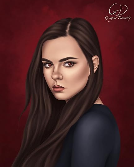 Digital portrait of a young woman with long brown hair and striking red pupils in brown eyes, set against a deep red background. She is wearing a blue top and facing the side, turning her head to look at the viewer.