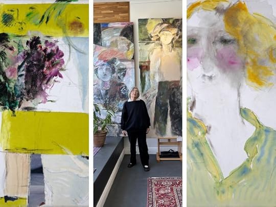 L-R: Deborah Uman-Sures, Friends & Flowers, Acrylic paint, graphite, charcoal, decoupage on canvas, Courtesy of the artist / The artist Deborah Uman-Sures in Ganaraska Art & Framing, Photo by Ben Sures / Deborah Uman-Sures, Spring, Watercolour, graphite and acrylic ink on canvas, Courtesy of the artist