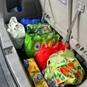 grocery bags in back of van.