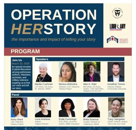Event flyer titled 'Operation HerStory: the importance and impact of telling your story.' The flyer features program details, photos of the speaker and panelists with their names and titles, as well as logos for the Library of Congress and Military Women’s Memorial.