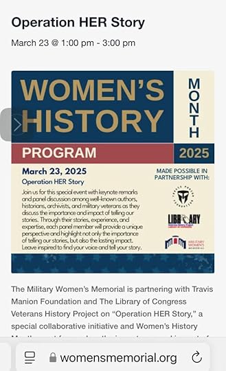 A digital flyer for 'Operation HER Story' promotes a Women's History Month program on March 23, 2025. The design uses blue, white, and maroon colors. Logos for the Library of Congress and Military Women’s Memorial are displayed. The flyer includes event details and a short description of the program.