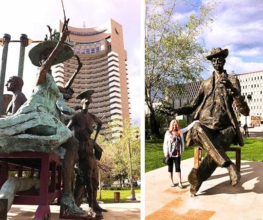 Janice Horton with Sculptures of famous Romanian playwright Ion Luca Caragiale (I. L. Caragiale) 1852 -1912