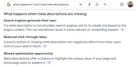 A search result for 'what happens if I don't add meta descriptions' and the Google AI summary
