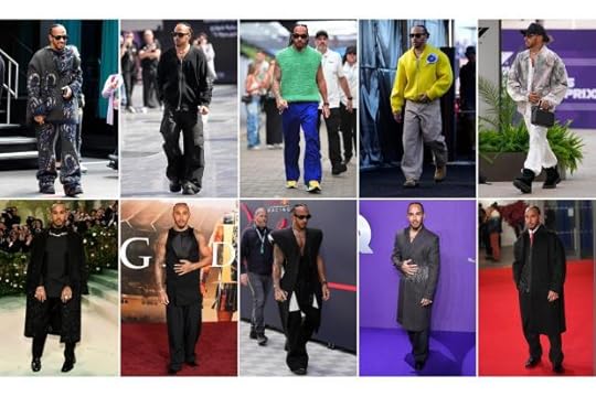 This combination photo shows various fashion worn by Formula One driver Lewis Hamilton.