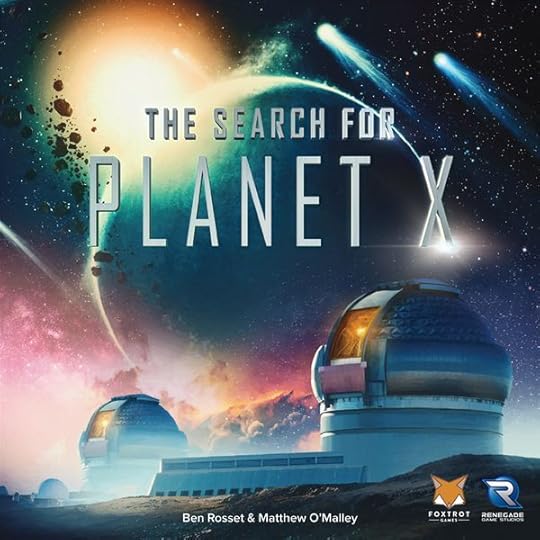 The cover of The Search for Planet X, which shows a very active night sky, with an observatory in front of it.