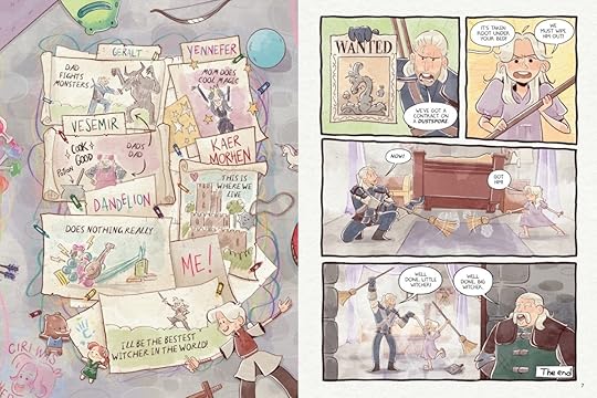 Two sample pages of art and stories from The Little Witcher comic series for kids
