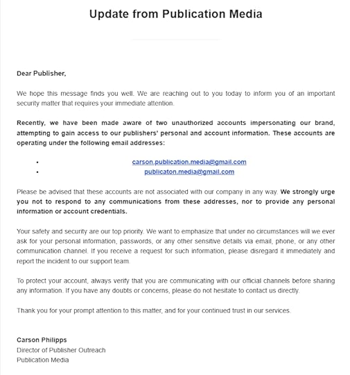 letter from publication media warning about the phishing attempts