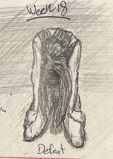 A pencil sketch of a woman sitting on the floor, defeated, head hung low and hair obscuring her face, hands planted on knees.