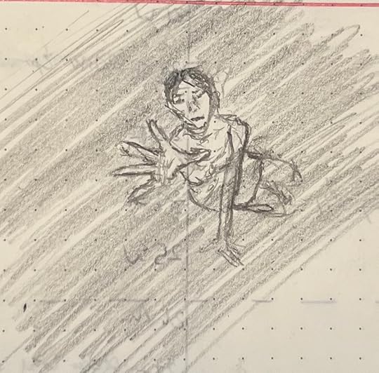 A pencil sketch of a woman on the floor, reaching up toward the viewer as that viewer recedes up and away.
