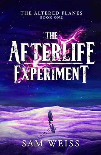 purple cover for The Afterlife Experiment by Sam Weiss, Book 1 of the Altered Planes series. A silhouette of a lonely female figure walks away from the viewer into a desolate purple wasteland, with footprints behind her.