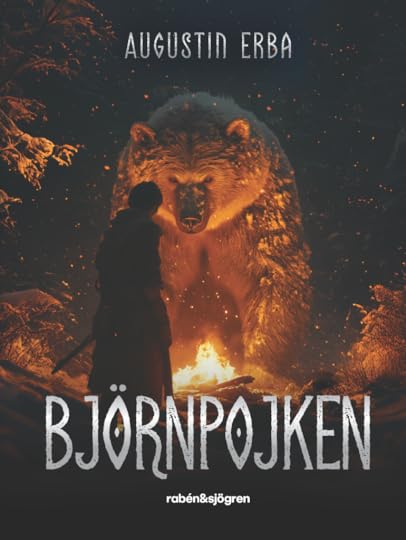 Bilden föreställer en pojke i silhuett, framför en eld, om kvällen. I bakgrunden står en stor, mäktig brunbjörn.