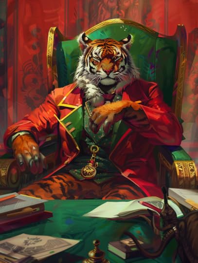 A tiger in a red coat sits in an ornate green chair, exuding a regal presence. The background is richly colored with red tones, while a cluttered desk with various objects is visible in the foreground.