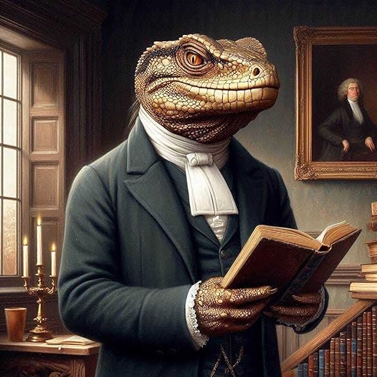 The reverend Thomas Malthus as a reptilian dressed in 19th century clothing, he holds a book in a 19th century room setting. Formal 19th century painting style