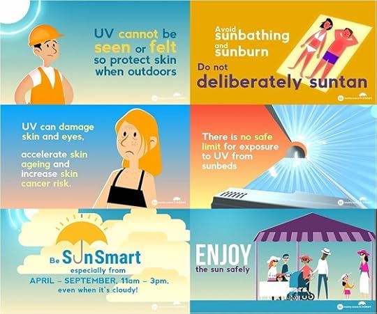 Cartoon with 6 panels featuring information on how to stay safe from the sun