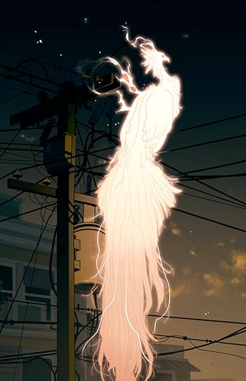 A dark illustration depicting a small side street at night or early morning. In the background we see the fading tops of small neighborhood buildings. In the foreground is a telephone pole, illuminated by a glowing phoenix sitting on the wires. Birb is birb.