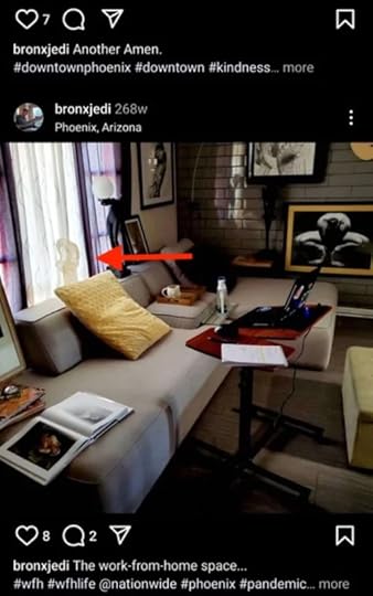 Social media post by Sean an interior photo with a white sculpture depicting a woman in the background