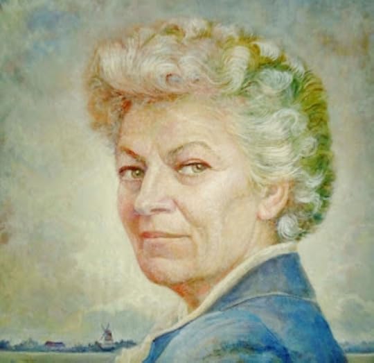 Self portrait of Hilda van Stockum, a distinguished older women, against a Dutch landscape.
