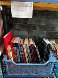 A blue plastic crate full of local author books in Books on the Walls, including my books.