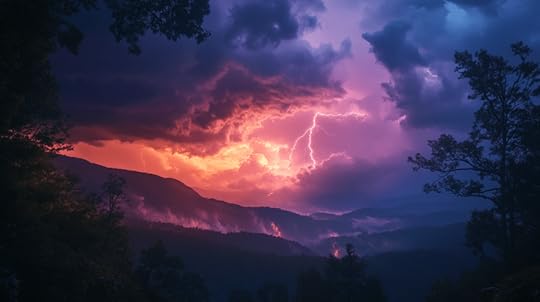 A dramatic stormy sky over mountains at sunset, with vibrant purple and orange hues, dark clouds, and visible lightning.