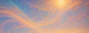 sun and swirling sun rays with blues and oranges and sparkles representing celestial shifts and energies