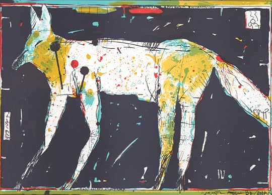 Stylized print of a coyote silhouette, with irregular yellow and white colorings and red, black, blue dots, against a black background.