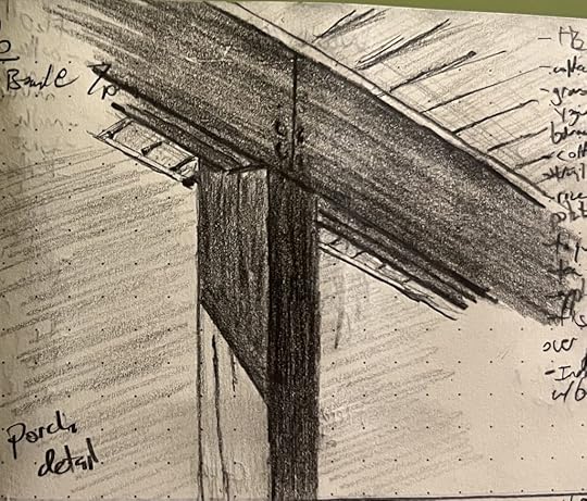 Pencil sketch of the detail of a timber supporting beam holding up a joist supporting a section of overhanging porch roof.