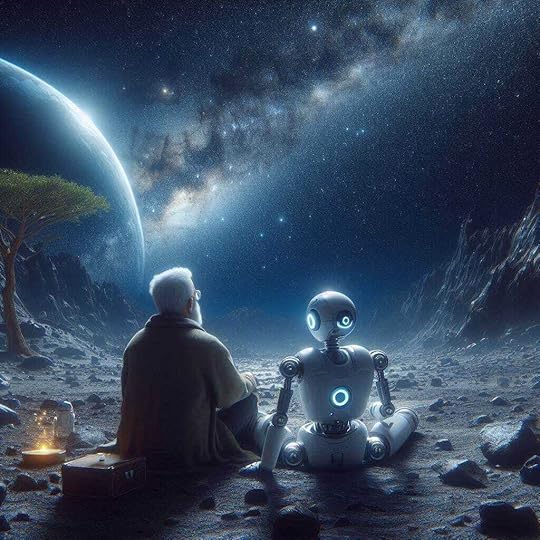 A robot and an old man sitting together on the surface of a remote asteroid, watching the starry sky above them