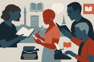 A graphic collage-style illustration showing diverse silhouettes of authors reading or writing, with layered paper textures and bold contrasting colours (muted blues, deep reds, soft greys). Includes abstract symbols like open books, typewriters, speech bubbles, and the Birmingham skyline in the background.