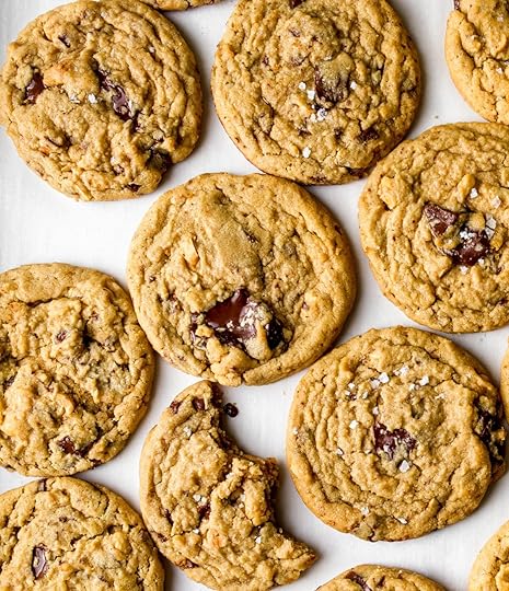A bunch of chocolate chip peanut butter cookies.