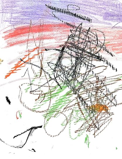 The image is a colorful abstract drawing made with crayons. It features a mix of scribbles and lines in various colors, including black, green, orange, red, and purple, on a white background. The drawing has no discernible shapes or figures, giving it a chaotic and expressive appearance.