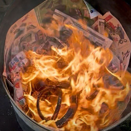 A metal drum filled with burning newspapers and a few charred objects, producing bright flames and smoke.