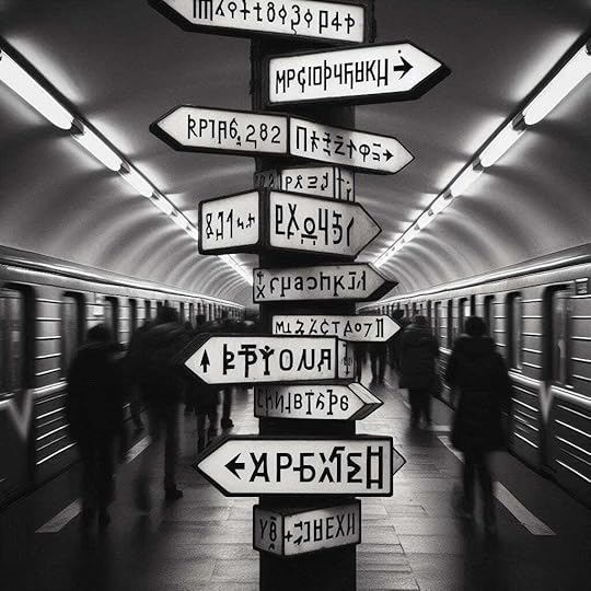 A pole at an intersection inside a busy subway showing arrow signs in different directions but written in an incomprehensible alphabet that vaguely resembles cyrillic