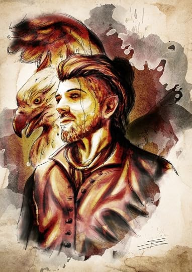 Image of Skjall and an eagle head behind him. Skjall has his hair shaved on the sides and pointed ears. It is a watercolour style sketch in muted yellow and brown tones.
