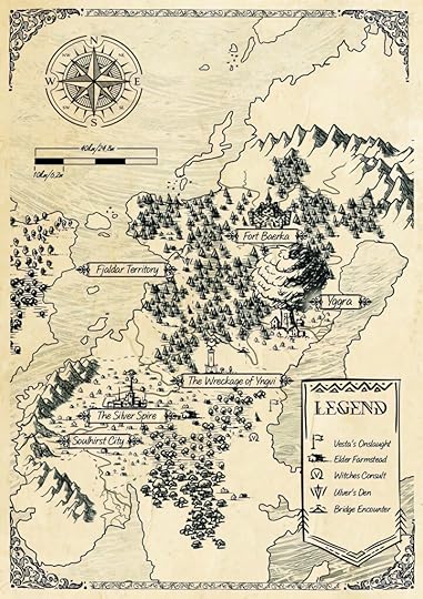 The fantasy map looks hooked, like a map of Scandinavia, covered in mountains and forests. It is a line sketch but rendered in dark tones. Some places listed are Fort Beorka, Yggra, The Wreckage of Yngui, The Silver Spire, Soulhirst City, and Fjaldar Territory. The Legend has some other information, marking on the map Vesta's Onslaught (with a flag), Elder Farmstead (a small barn sketch), Witches Consult (a capital V inside a capital Omega), Ulver's Den (a dagger inside two diagonal lines), and Bridge Encounter (a triangle with 3 floating curved lines, one on each side above it, and one over the top of the triangle's central point). There is also a compass at the top showing the map is orientated north to south, and a bar scale, of 40km/24.8 miles for the whole bar-length in total, each of the 4 bar segments of the scale represents 10km or 6.2miles.