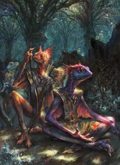 Four lanky, primate-like saurians with colorful scales, spiny head crests, and vestigial gliding membranes ride a raft down a river canyon in the darkness beneath the dense canopy of a rainforest.