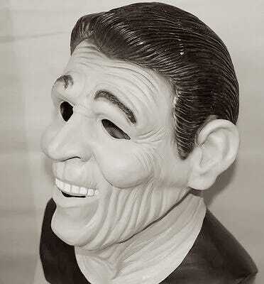 Black and white photo of a Ronald Reagan mask