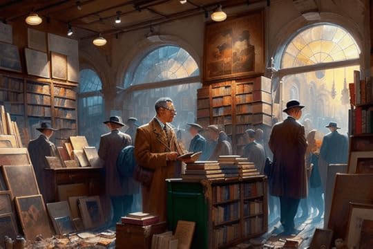 A bustling vintage bookstore filled with numerous books and patrons browsing, illuminated by natural light through large windows.
