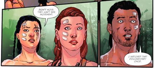 Two panels from issue two. The left panel shows the heads of Serah and Vanya. They each have 3 band-aids on their faces. Serah says
