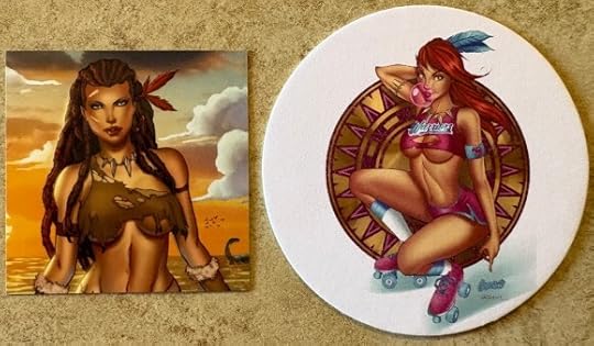 A magnet depicting a close up of Vanya, with a red feather in her hair and the setting sun and ocean behind her. To the right is a white, circular coast. Vanya is in the middle with the blue feather in her hair. She is wearing a ripped pink top, pink shorts, and pink roller skates. Behind her is a circular emblem that kind of looks like an Aztec calendar.