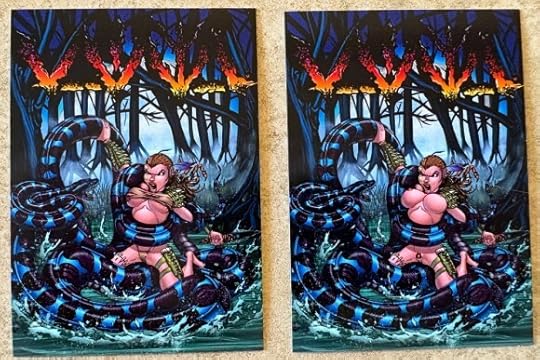 Two trading cards. Both show the exact same image except one is nude and the other isn't. Vanya is in a swamp fighting a large blue snake with black stripes. There are trees standing on their roots sticking out of the splashing water behind her.