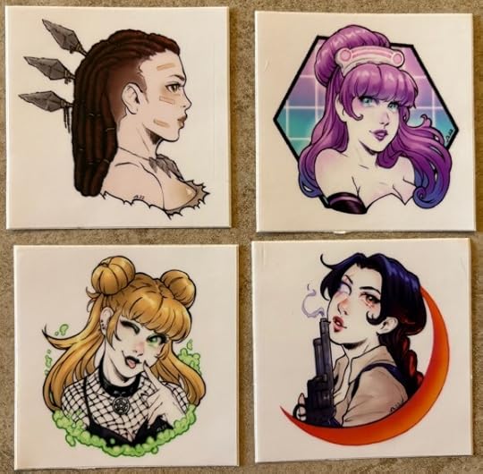 Four square stickers, all are headshots of different Bad Bug leading ladies. Vanya is in a profile, holding three spears and brown dreadknots. June has long purple hair with cyberpunk gridlines behind her. Maggie is missing an eye and she is blowing the smoke out of a revolver. Nell is wearing a fishnet top and has sailor moon buns. She is winking.