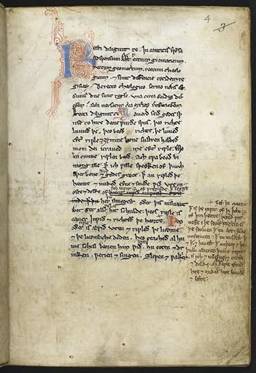 A page from an ancient manuscript featuring ornate lettering and medieval script, discussing various topics with highlighted text sections.