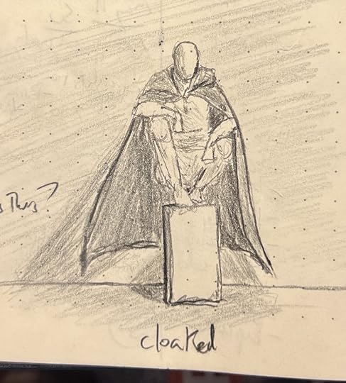 A pencil sketch of a cloaked figure crouched on a box.