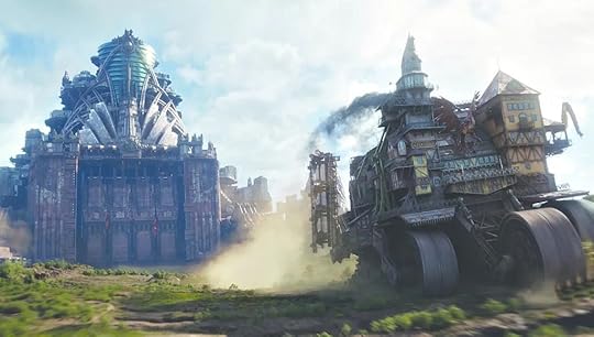 Cities on caterpillar treads engage in a chase across an open field.